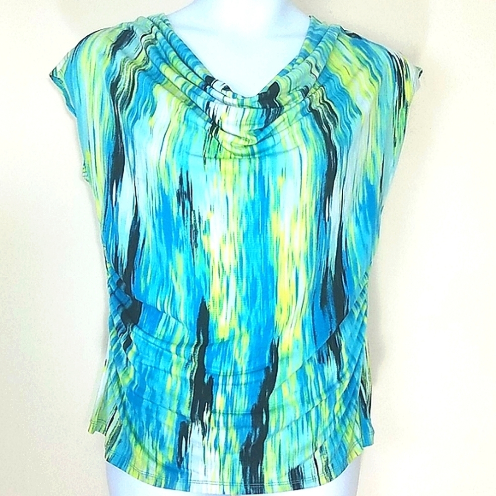 Tank top cowl neck stretch gathered sides blue yellow black abstract print EUC